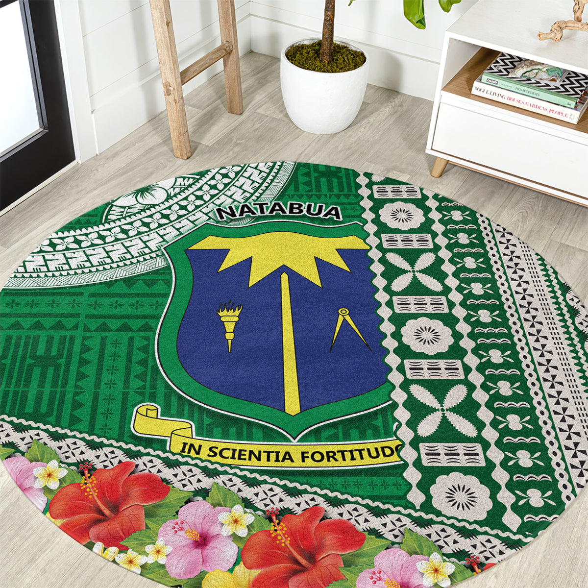 Fiji Natabua High School Round Carpet Tropical Flower and Tapa Pattern Green Style LT03 Green - Polynesian Pride