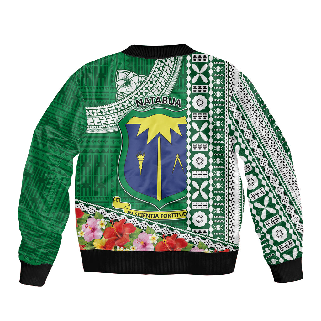 Fiji Natabua High School Sleeve Zip Bomber Jacket Tropical Flower and Tapa Pattern Green Style LT03 - Polynesian Pride