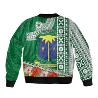 Fiji Natabua High School Sleeve Zip Bomber Jacket Tropical Flower and Tapa Pattern Green Style LT03 - Polynesian Pride