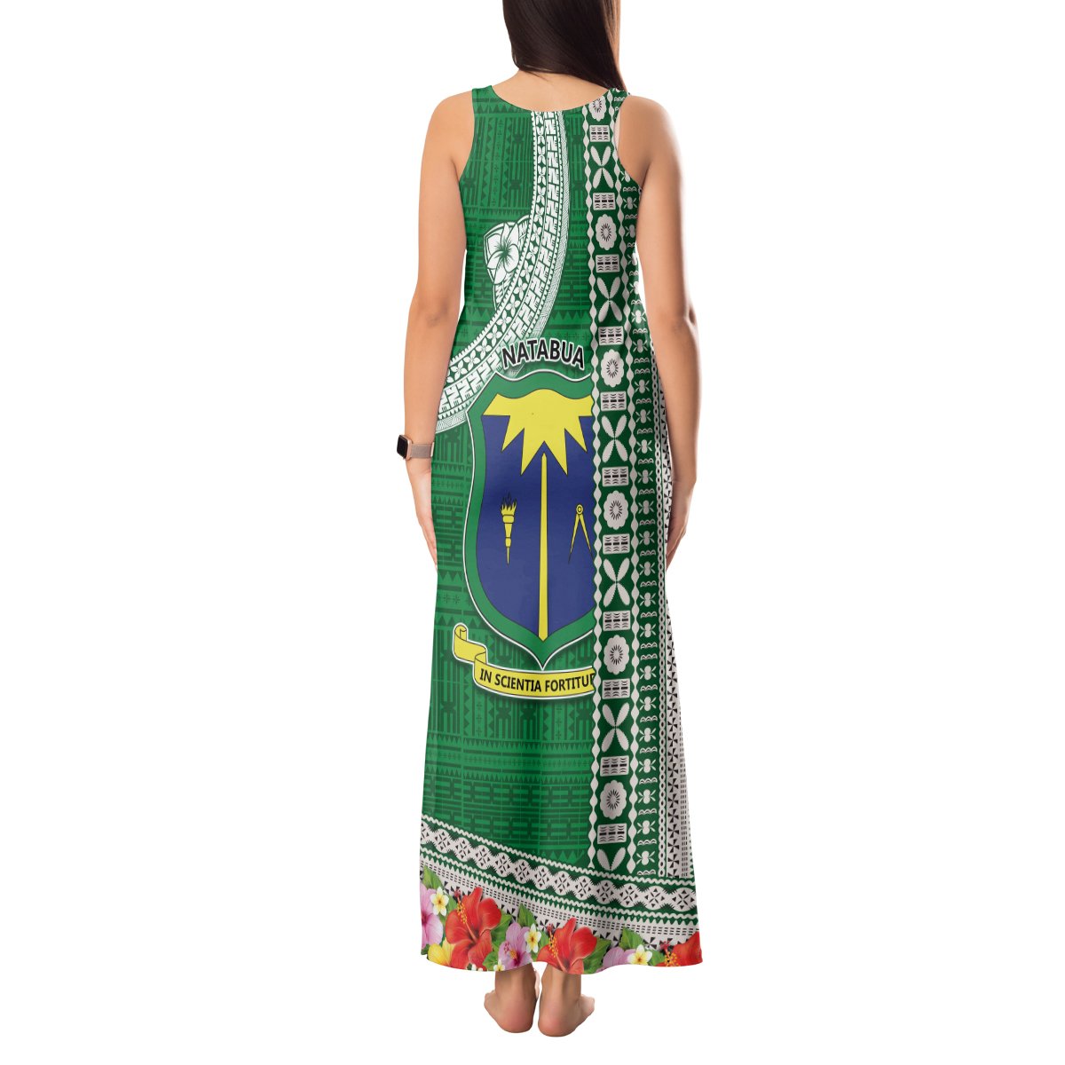 Fiji Natabua High School Tank Maxi Dress Tropical Flower and Tapa Pattern Green Style LT03 - Polynesian Pride