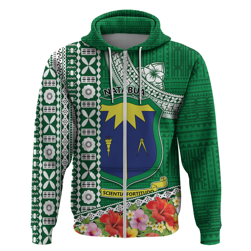 Fiji Natabua High School Zip Hoodie Tropical Flower and Tapa Pattern Green Style LT03 Zip Hoodie Green - Polynesian Pride