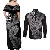 New Zealand Valentine Day Couples Matching Off Shoulder Maxi Dress and Long Sleeve Button Shirt Aotearoa Warrior and Woman Love Heart Silver Fern Koru LT03 - Polynesian Pride
