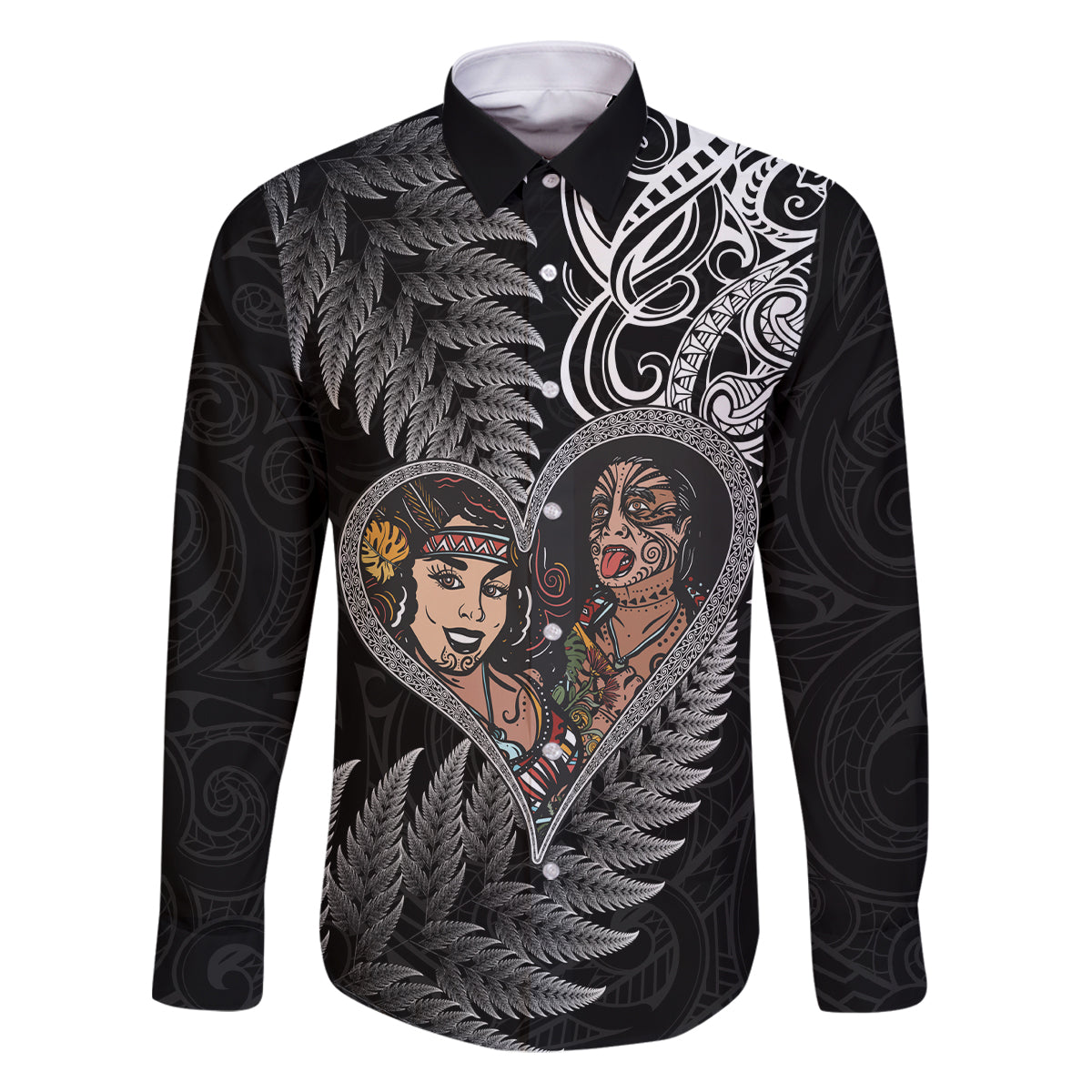 New Zealand Valentine Day Family Matching Long Sleeve Bodycon Dress and Hawaiian Shirt Aotearoa Warrior and Woman Love Heart Silver Fern Koru LT03 Dad's Shirt - Long Sleeve Black - Polynesian Pride