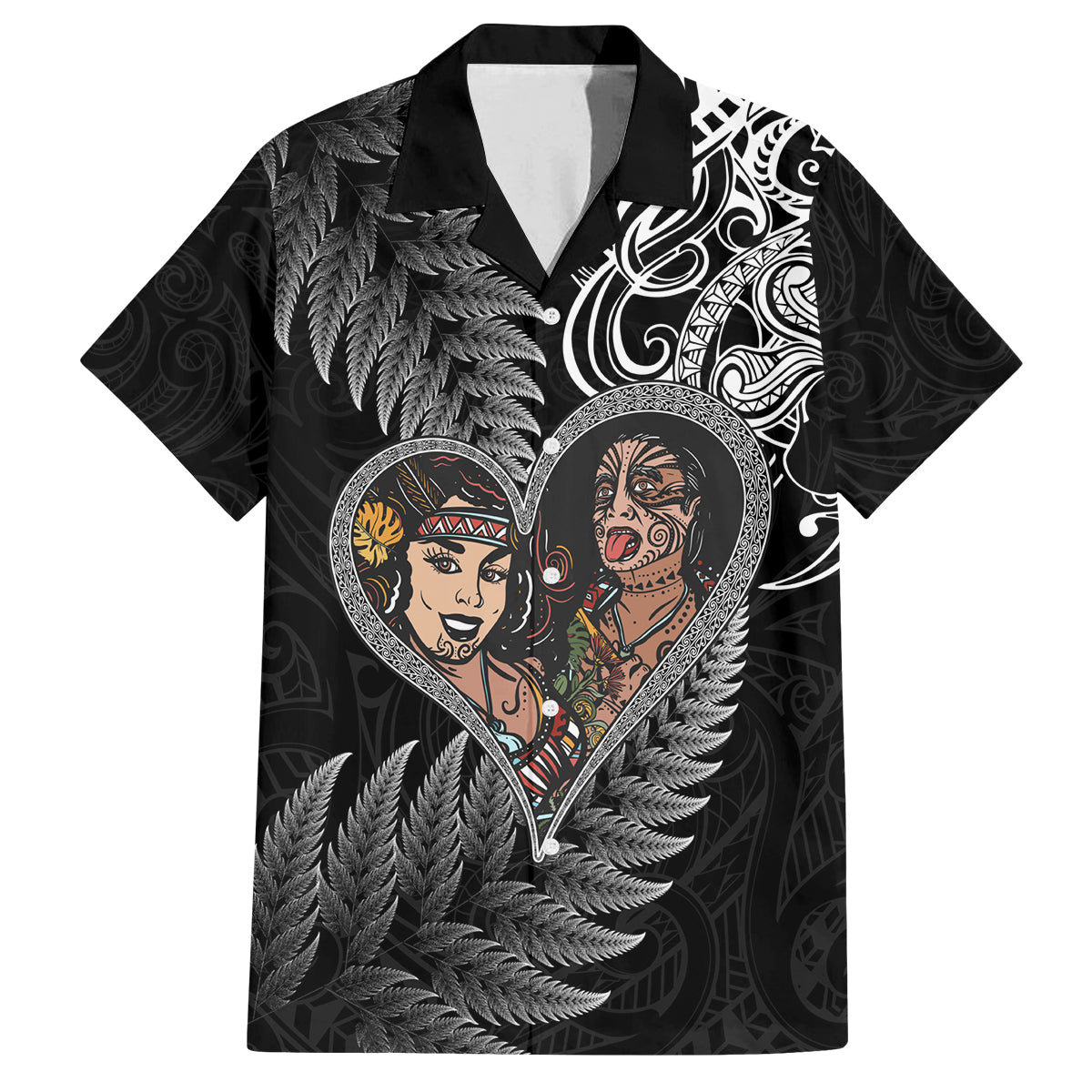 New Zealand Valentine Day Family Matching Off Shoulder Maxi Dress and Hawaiian Shirt Aotearoa Warrior and Woman Love Heart Silver Fern Koru LT03 Dad's Shirt - Short Sleeve Black - Polynesian Pride