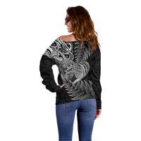 New Zealand Valentine Day Off Shoulder Sweater Aotearoa Warrior and Woman Love Heart Silver Fern Koru LT03 - Polynesian Pride