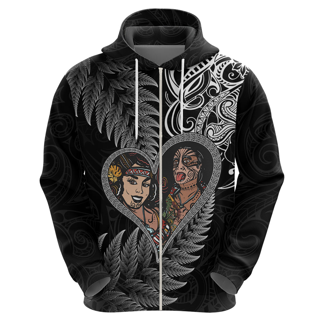 New Zealand Valentine Day Zip Hoodie Aotearoa Warrior and Woman Love Heart Silver Fern Koru LT03 - Polynesian Pride