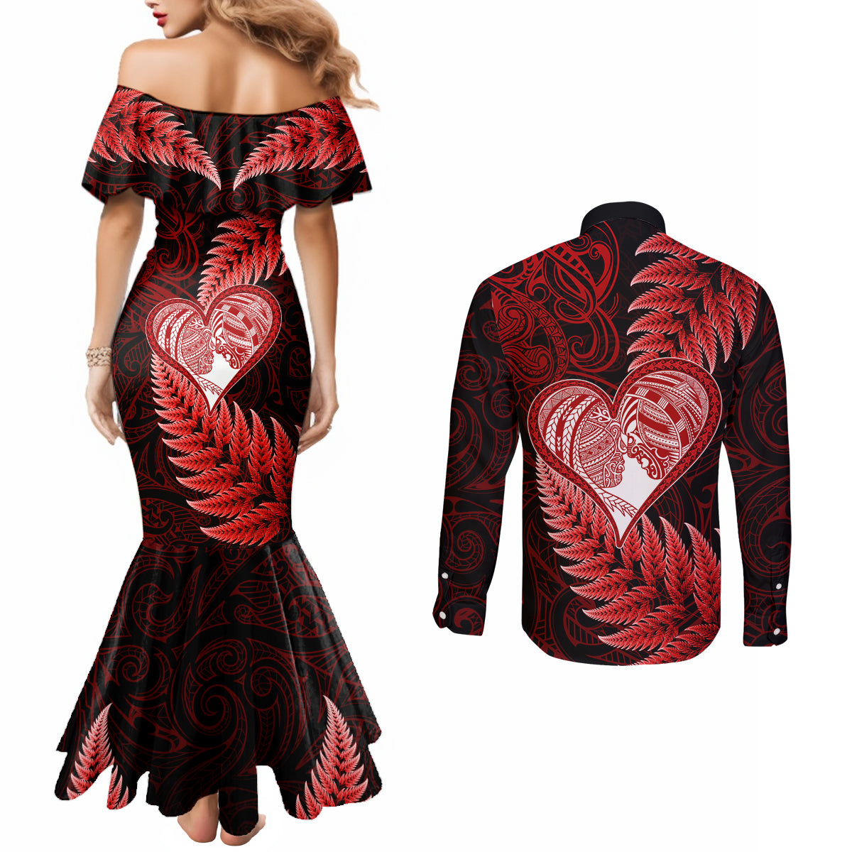 New Zealand Valentine Day Couples Matching Mermaid Dress and Long Sleeve Button Shirt Aotearoa Warrior and Woman Love Story Silver Fern Koru Red Style LT03 - Polynesian Pride