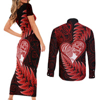 New Zealand Valentine Day Couples Matching Short Sleeve Bodycon Dress and Long Sleeve Button Shirt Aotearoa Warrior and Woman Love Story Silver Fern Koru Red Style LT03 - Polynesian Pride