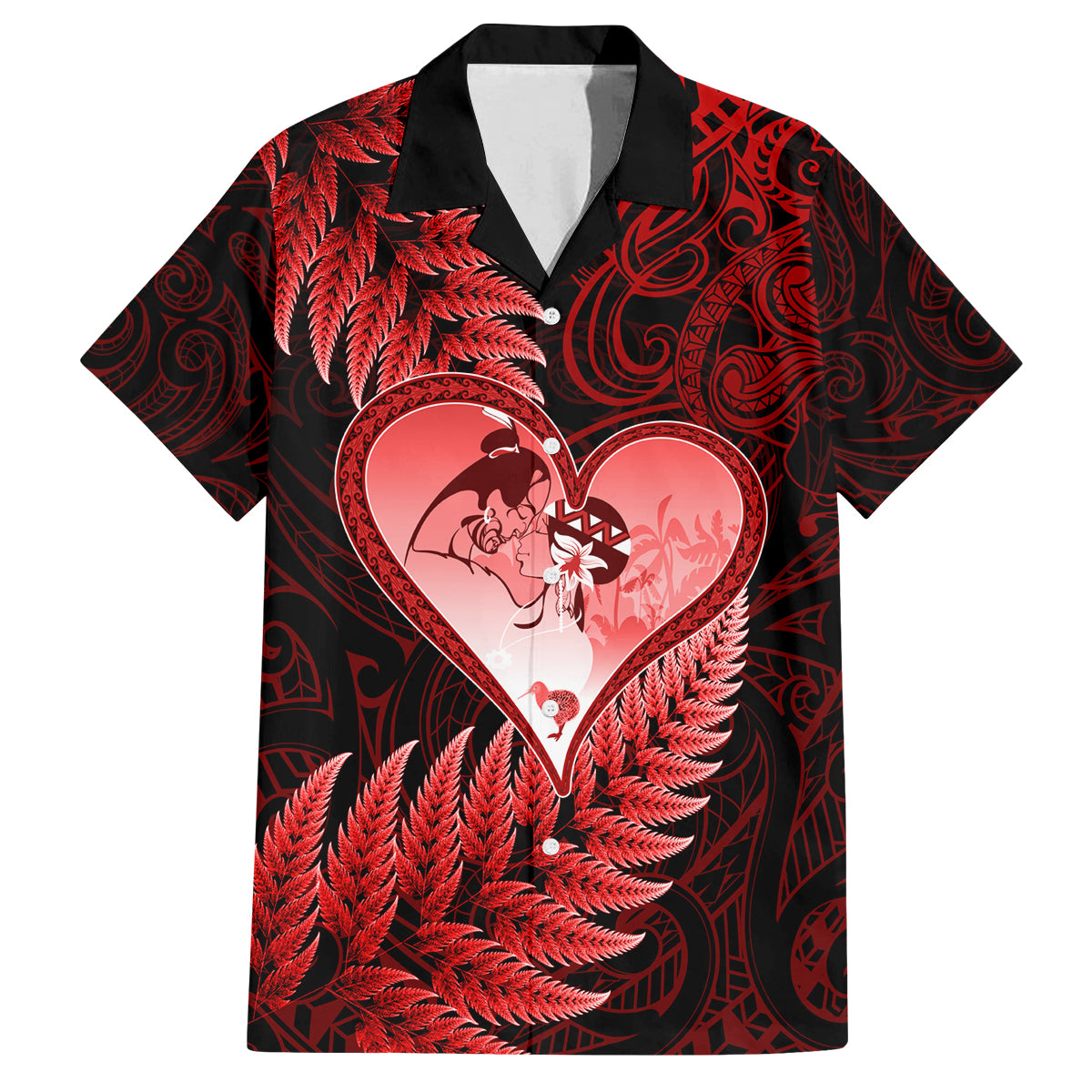 New Zealand Valentine Day Family Matching Off Shoulder Long Sleeve Dress and Hawaiian Shirt Aotearoa Warrior and Woman Love Story Silver Fern Koru Red Style LT03 Dad's Shirt - Short Sleeve Red - Polynesian Pride