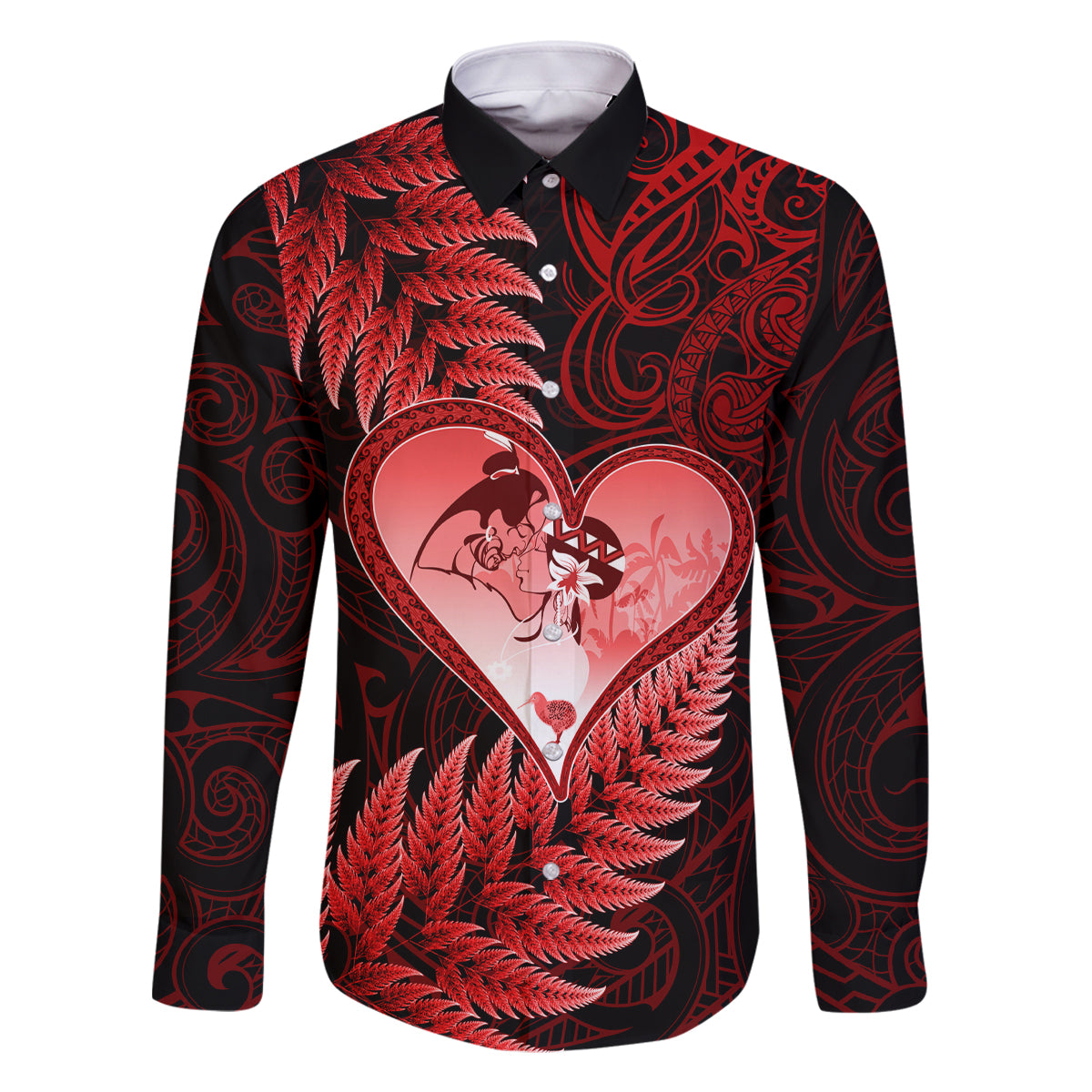New Zealand Valentine Day Family Matching Off Shoulder Short Dress and Hawaiian Shirt Aotearoa Warrior and Woman Love Story Silver Fern Koru Red Style LT03 Dad's Shirt - Long Sleeve Red - Polynesian Pride