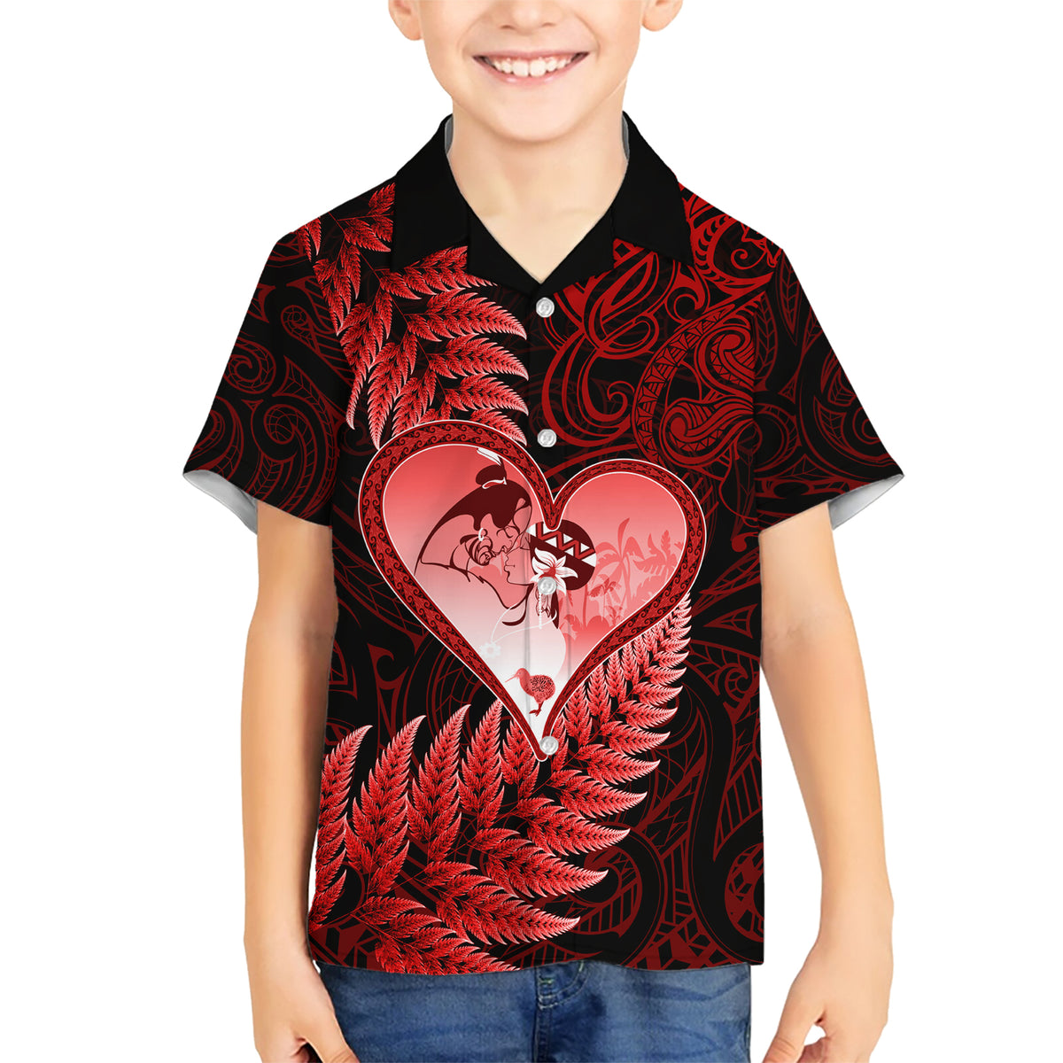 New Zealand Valentine Day Family Matching Short Sleeve Bodycon Dress and Hawaiian Shirt Aotearoa Warrior and Woman Love Story Silver Fern Koru Red Style LT03 Son's Shirt Red - Polynesian Pride