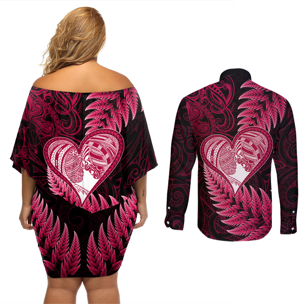 New Zealand Valentine Day Couples Matching Off Shoulder Short Dress and Long Sleeve Button Shirt Aotearoa Warrior Love Story Silver Fern Koru Pink Style LT03 - Polynesian Pride