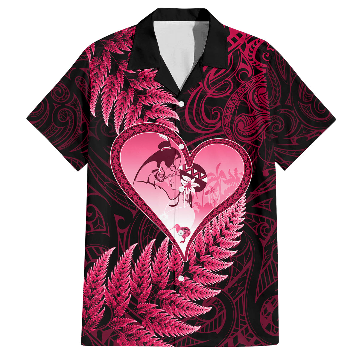 New Zealand Valentine Day Family Matching Off Shoulder Maxi Dress and Hawaiian Shirt Aotearoa Warrior Love Story Silver Fern Koru Pink Style LT03 Dad's Shirt - Short Sleeve Pink - Polynesian Pride