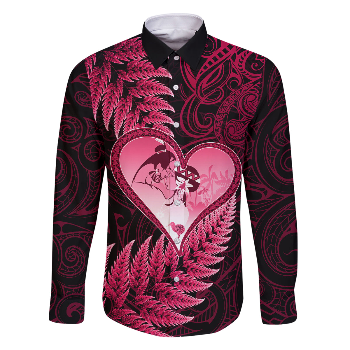 New Zealand Valentine Day Family Matching Off Shoulder Short Dress and Hawaiian Shirt Aotearoa Warrior Love Story Silver Fern Koru Pink Style LT03 Dad's Shirt - Long Sleeve Pink - Polynesian Pride