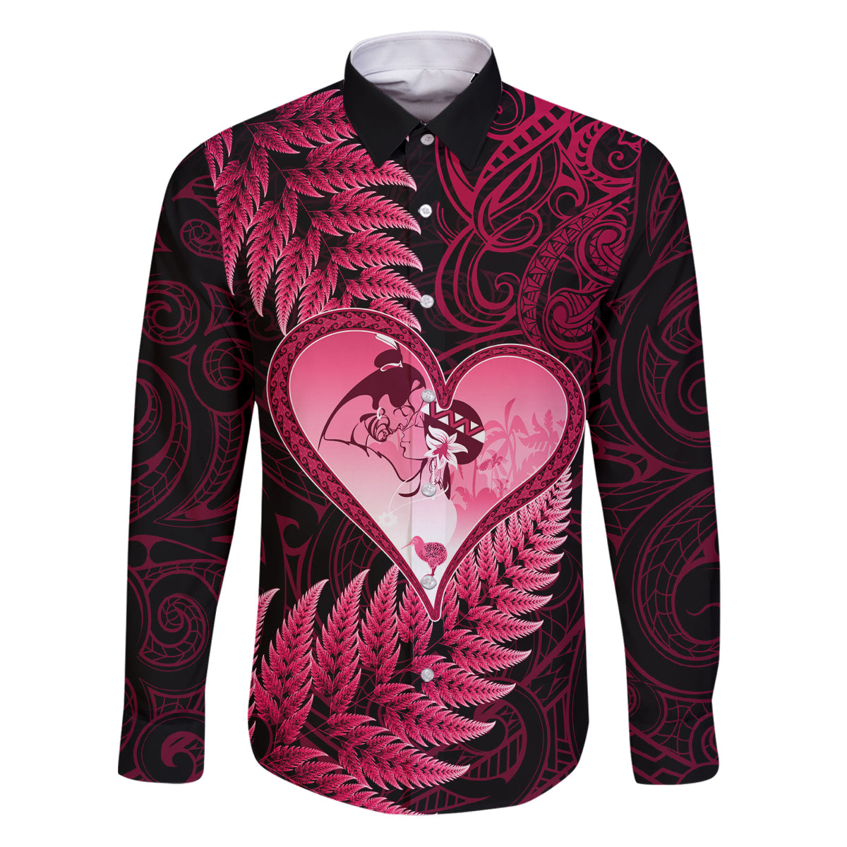 New Zealand Valentine Day Family Matching Puletasi and Hawaiian Shirt Aotearoa Warrior Love Story Silver Fern Koru Pink Style LT03 Dad's Shirt - Long Sleeve Pink - Polynesian Pride