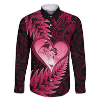 New Zealand Valentine Day Family Matching Puletasi and Hawaiian Shirt Aotearoa Warrior Love Story Silver Fern Koru Pink Style LT03 Dad's Shirt - Long Sleeve Pink - Polynesian Pride