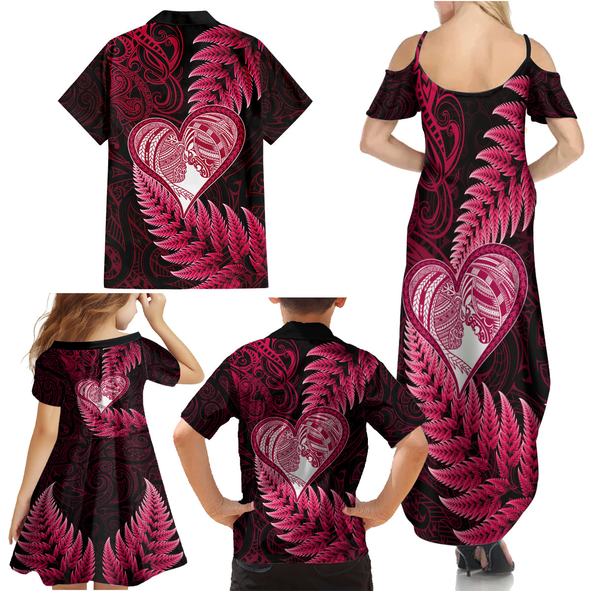 New Zealand Valentine Day Family Matching Summer Maxi Dress and Hawaiian Shirt Aotearoa Warrior Love Story Silver Fern Koru Pink Style LT03 - Polynesian Pride