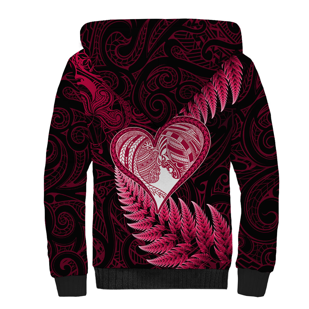 New Zealand Valentine Day Sherpa Hoodie Aotearoa Warrior Love Story Silver Fern Koru Pink Style LT03 - Polynesian Pride