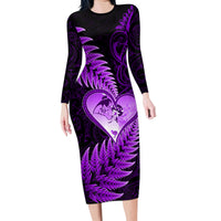 New Zealand Valentine Day Family Matching Long Sleeve Bodycon Dress and Hawaiian Shirt Aotearoa Warrior Love Story Silver Fern Koru Purple Style LT03 Mom's Dress Purple - Polynesian Pride