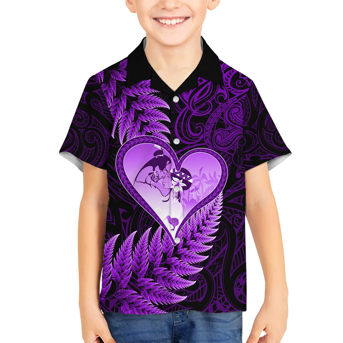 New Zealand Valentine Day Family Matching Puletasi and Hawaiian Shirt Aotearoa Warrior Love Story Silver Fern Koru Purple Style LT03 Son's Shirt Purple - Polynesian Pride
