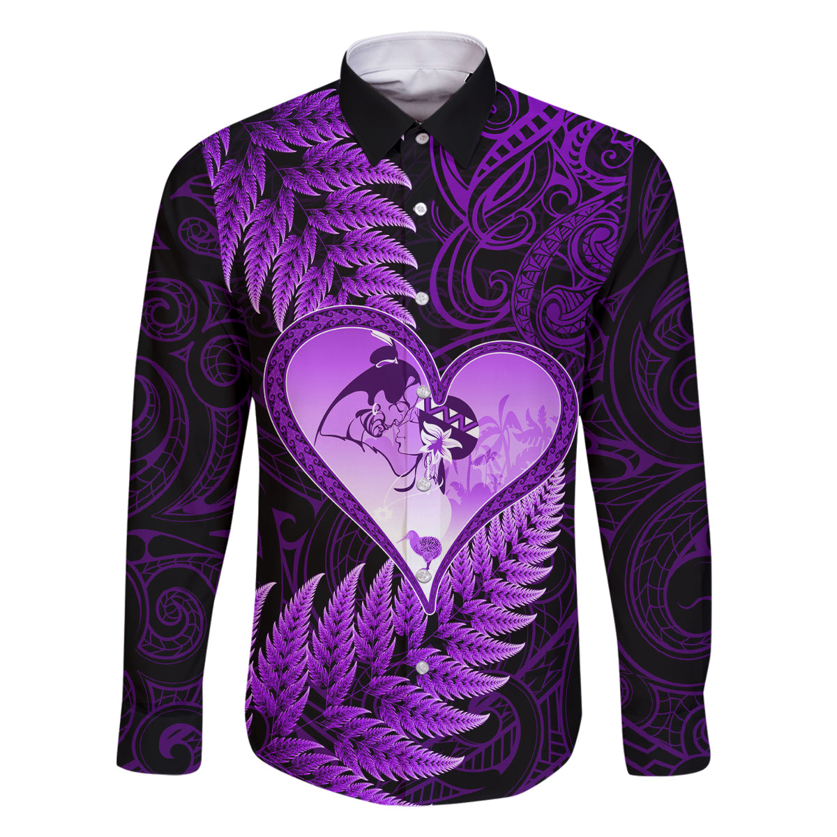 New Zealand Valentine Day Family Matching Summer Maxi Dress and Hawaiian Shirt Aotearoa Warrior Love Story Silver Fern Koru Purple Style LT03 Dad's Shirt - Long Sleeve Purple - Polynesian Pride