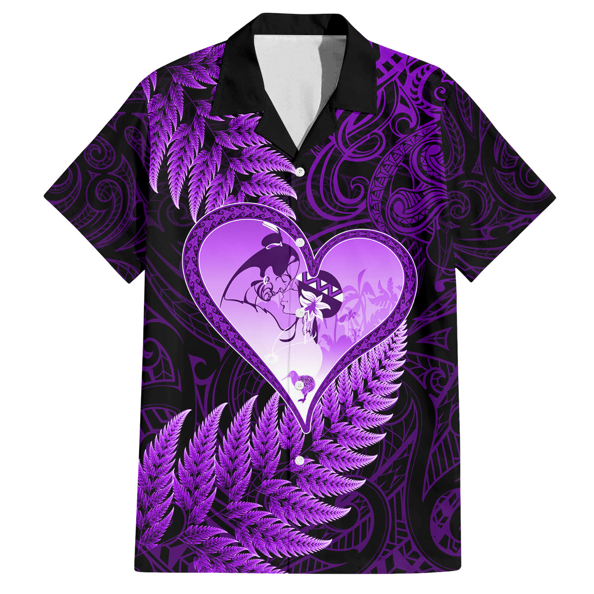 New Zealand Valentine Day Family Matching Tank Maxi Dress and Hawaiian Shirt Aotearoa Warrior Love Story Silver Fern Koru Purple Style LT03 Dad's Shirt - Short Sleeve Purple - Polynesian Pride