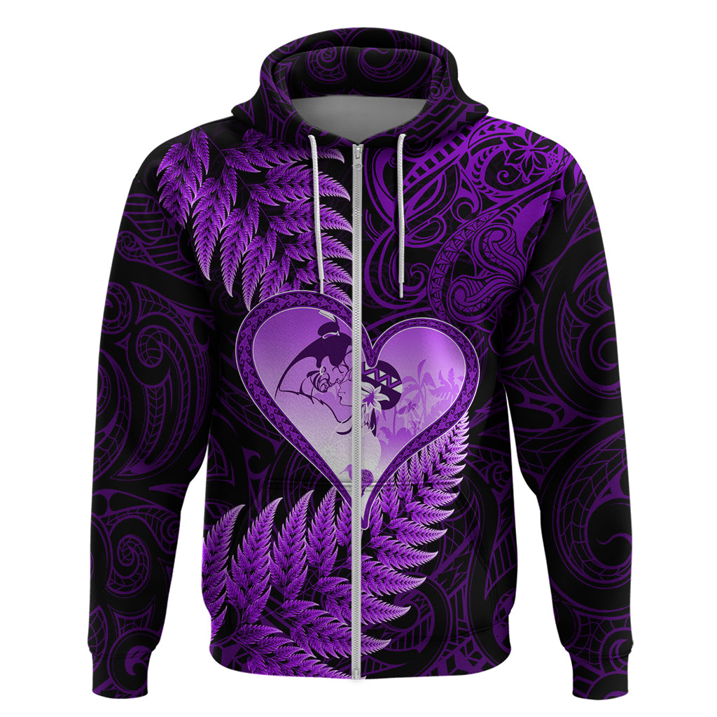 New Zealand Valentine Day Hoodie Aotearoa Warrior Love Story Silver Fern Koru Purple Style LT03 Zip Hoodie Purple - Polynesian Pride