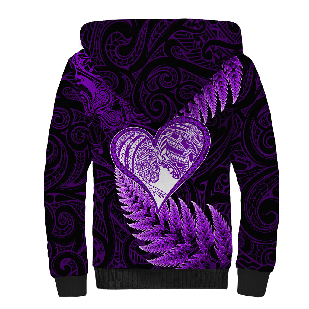 New Zealand Valentine Day Sherpa Hoodie Aotearoa Warrior Love Story Silver Fern Koru Purple Style LT03 - Polynesian Pride