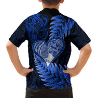 New Zealand Valentine Day Family Matching Off Shoulder Maxi Dress and Hawaiian Shirt Aotearoa Warrior Love Story Silver Fern Koru Blue Style LT03 - Polynesian Pride