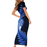 New Zealand Valentine Day Family Matching Short Sleeve Bodycon Dress and Hawaiian Shirt Aotearoa Warrior Love Story Silver Fern Koru Blue Style LT03 - Polynesian Pride