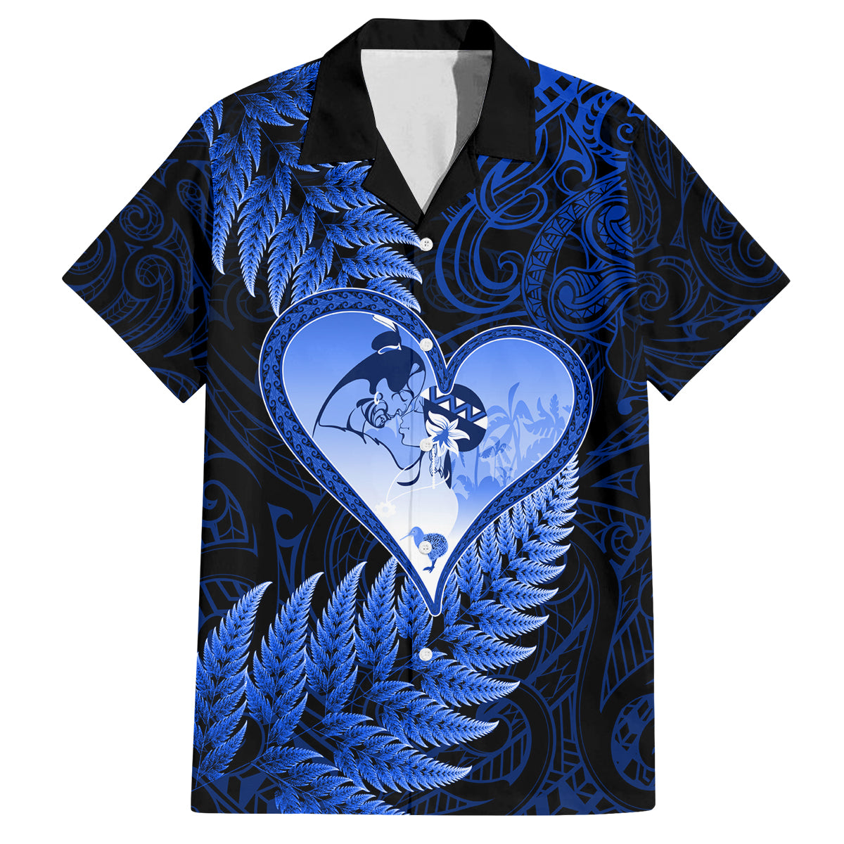 New Zealand Valentine Day Family Matching Tank Maxi Dress and Hawaiian Shirt Aotearoa Warrior Love Story Silver Fern Koru Blue Style LT03 Dad's Shirt - Short Sleeve Blue - Polynesian Pride