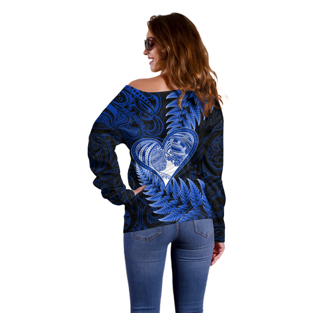 New Zealand Valentine Day Off Shoulder Sweater Aotearoa Warrior Love Story Silver Fern Koru Blue Style LT03 - Polynesian Pride