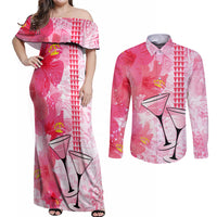 Hawaiian Cocktail Valentine Day Couples Matching Off Shoulder Maxi Dress and Long Sleeve Button Shirt Hibiscus Kakau Pattern Pink Version LT03 Pink - Polynesian Pride