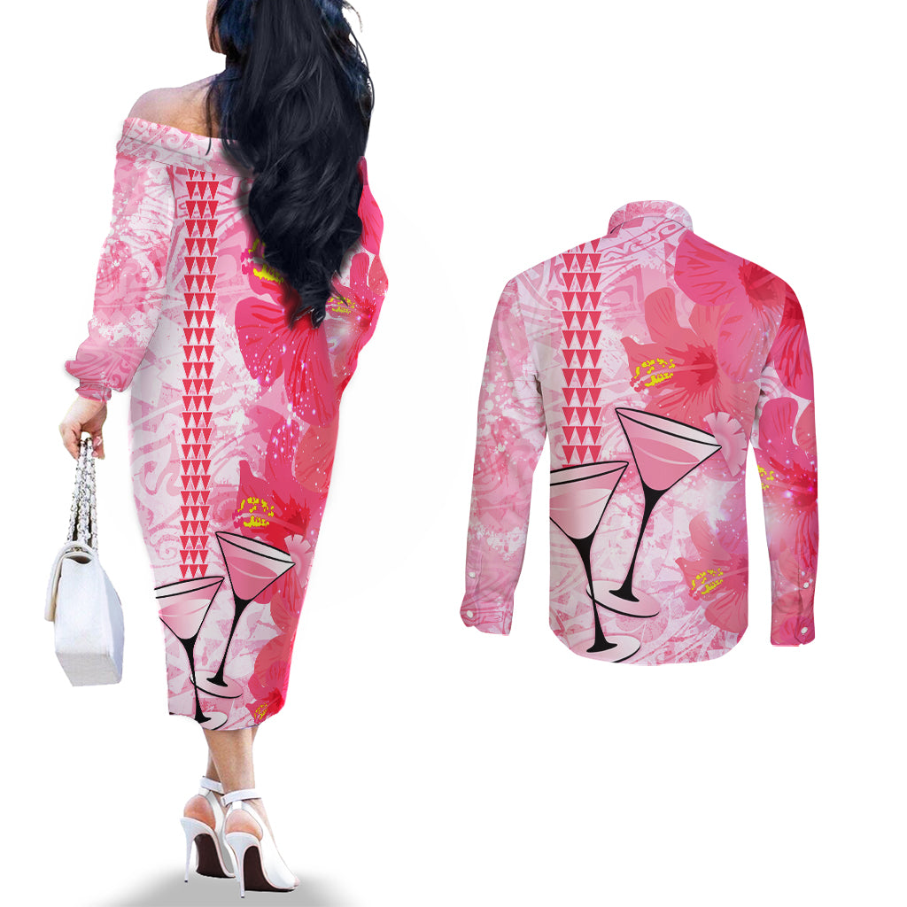 Hawaiian Cocktail Valentine Day Couples Matching Off The Shoulder Long Sleeve Dress and Long Sleeve Button Shirt Hibiscus Kakau Pattern Pink Version LT03 - Polynesian Pride
