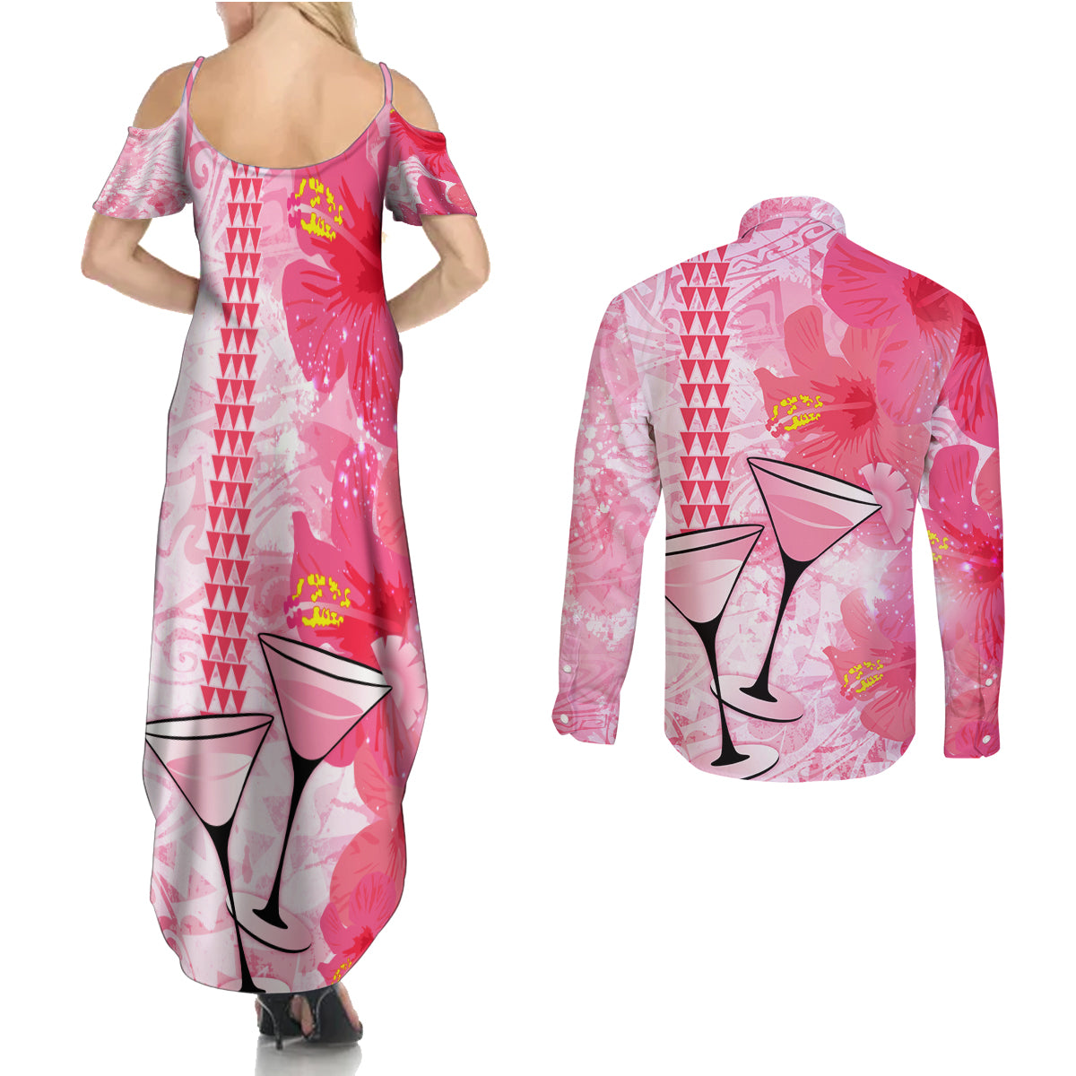 Hawaiian Cocktail Valentine Day Couples Matching Summer Maxi Dress and Long Sleeve Button Shirt Hibiscus Kakau Pattern Pink Version LT03 - Polynesian Pride