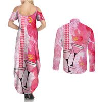 Hawaiian Cocktail Valentine Day Couples Matching Summer Maxi Dress and Long Sleeve Button Shirt Hibiscus Kakau Pattern Pink Version LT03 - Polynesian Pride