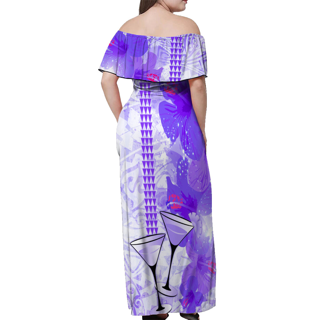 Hawaiian Cocktail Valentine Day Off Shoulder Maxi Dress Hibiscus Kakau Pattern Purple Version LT03 - Polynesian Pride