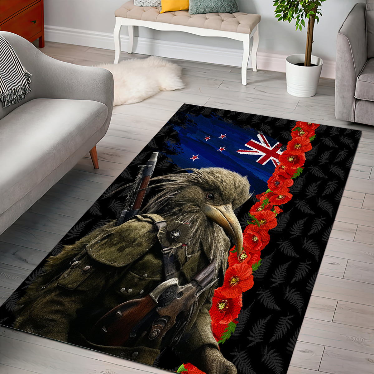 New Zealand Kiwi Soldier ANZAC Area Rug Red Poppy Flower and Silver Fern Pattern LT03 - Polynesian Pride