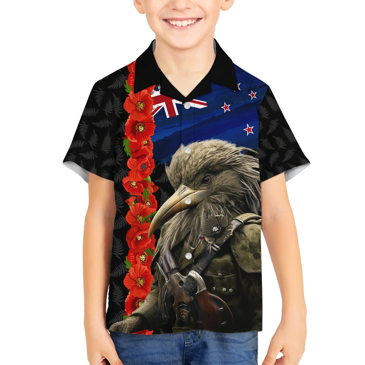 New Zealand Kiwi Soldier ANZAC Family Matching Off Shoulder Maxi Dress and Hawaiian Shirt Red Poppy Flower and Silver Fern Pattern LT03 Son's Shirt Black - Polynesian Pride
