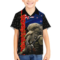 New Zealand Kiwi Soldier ANZAC Family Matching Off Shoulder Short Dress and Hawaiian Shirt Red Poppy Flower and Silver Fern Pattern LT03 Son's Shirt Black - Polynesian Pride