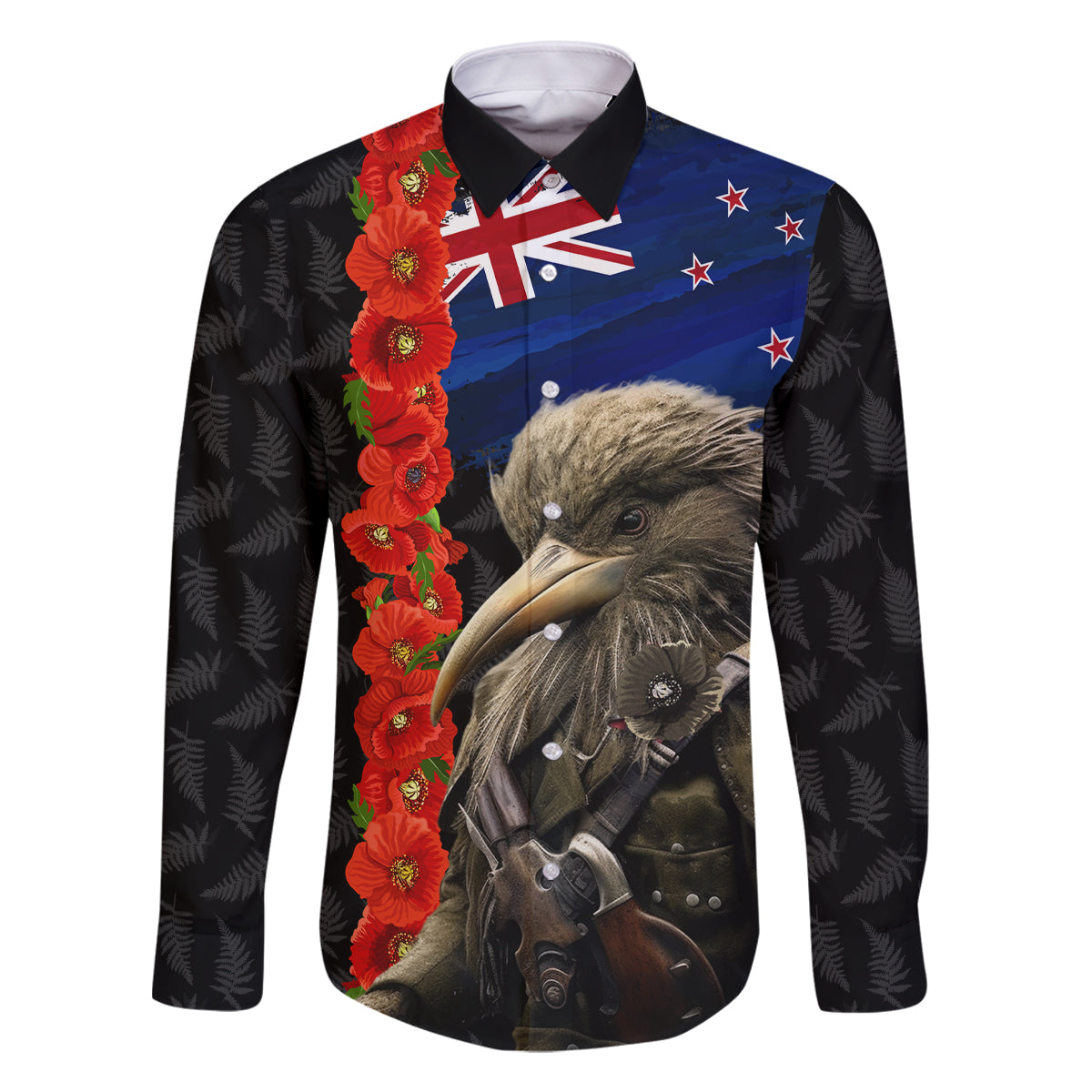 New Zealand Kiwi Soldier ANZAC Family Matching Summer Maxi Dress and Hawaiian Shirt Red Poppy Flower and Silver Fern Pattern LT03 Dad's Shirt - Long Sleeve Black - Polynesian Pride
