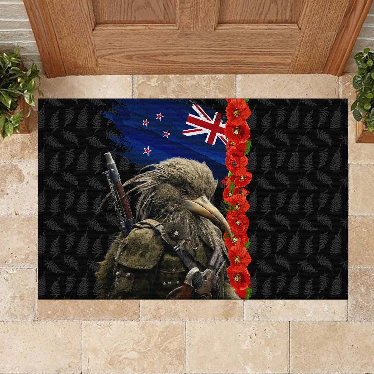 New Zealand Kiwi Soldier ANZAC Rubber Doormat Red Poppy Flower and Silver Fern Pattern LT03 - Polynesian Pride