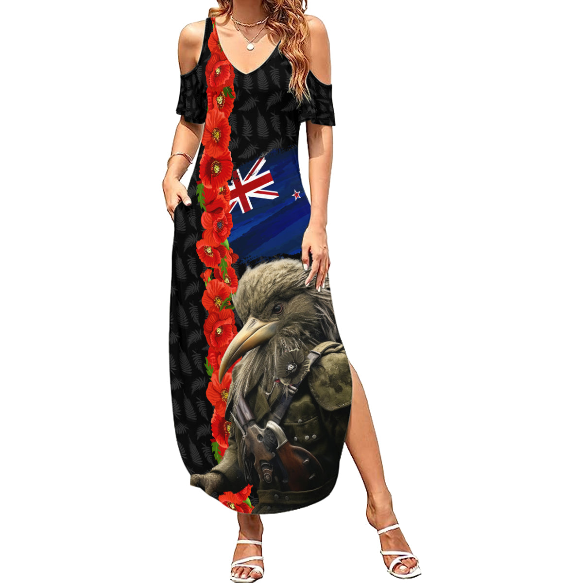 New Zealand Kiwi Soldier ANZAC Summer Maxi Dress Red Poppy Flower and Silver Fern Pattern LT03 Women Black - Polynesian Pride