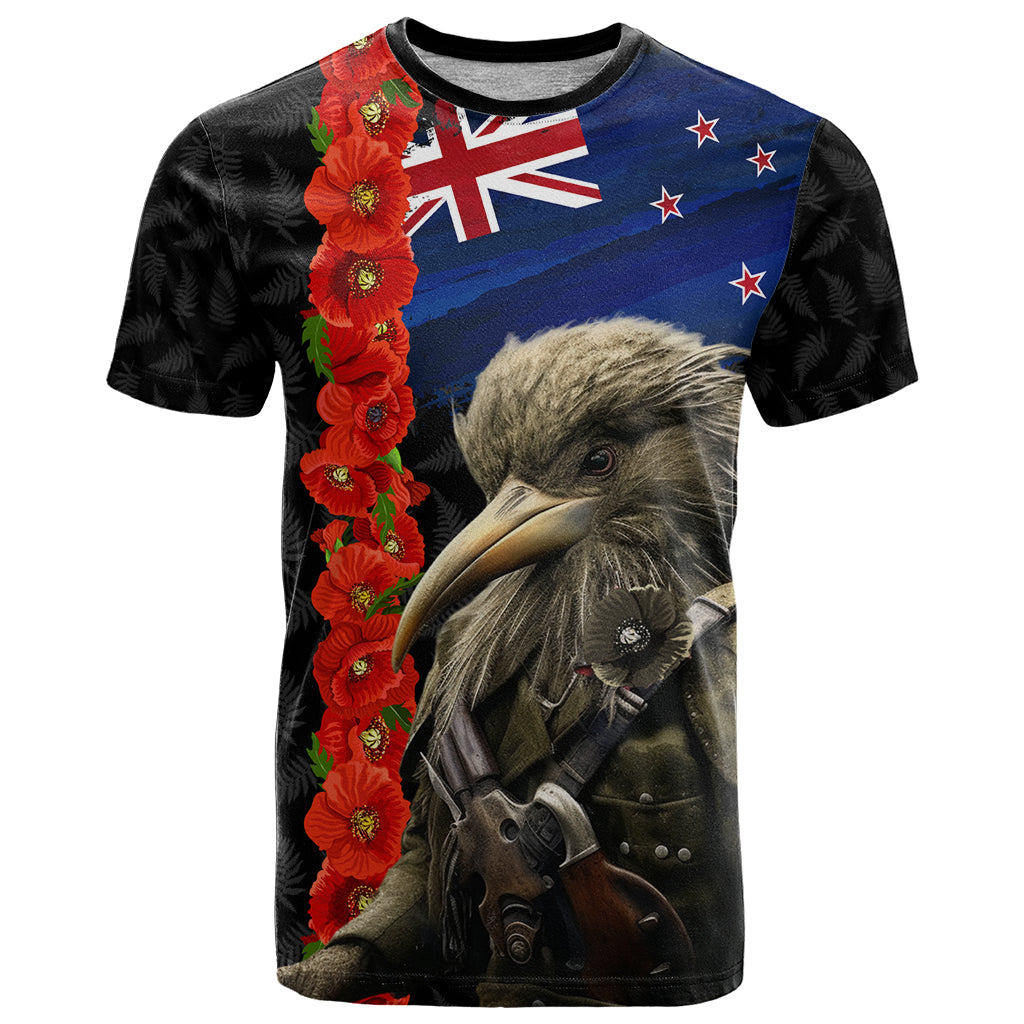 New Zealand Kiwi Soldier ANZAC T Shirt Red Poppy Flower and Silver Fern Pattern LT03 Black - Polynesian Pride