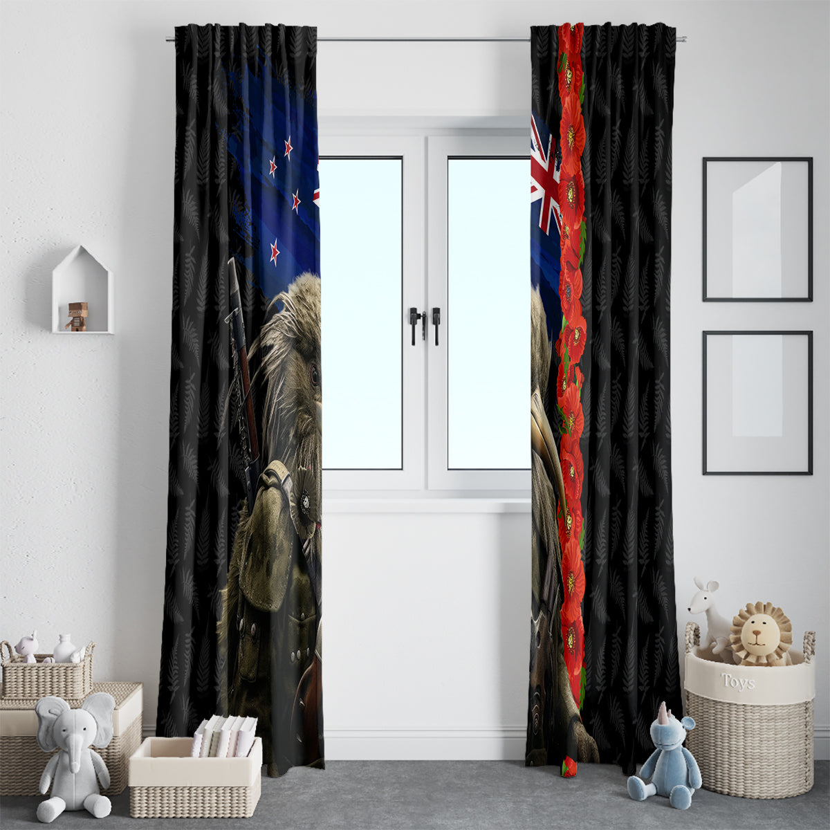 New Zealand Kiwi Soldier ANZAC Window Curtain Red Poppy Flower and Silver Fern Pattern LT03 - Polynesian Pride