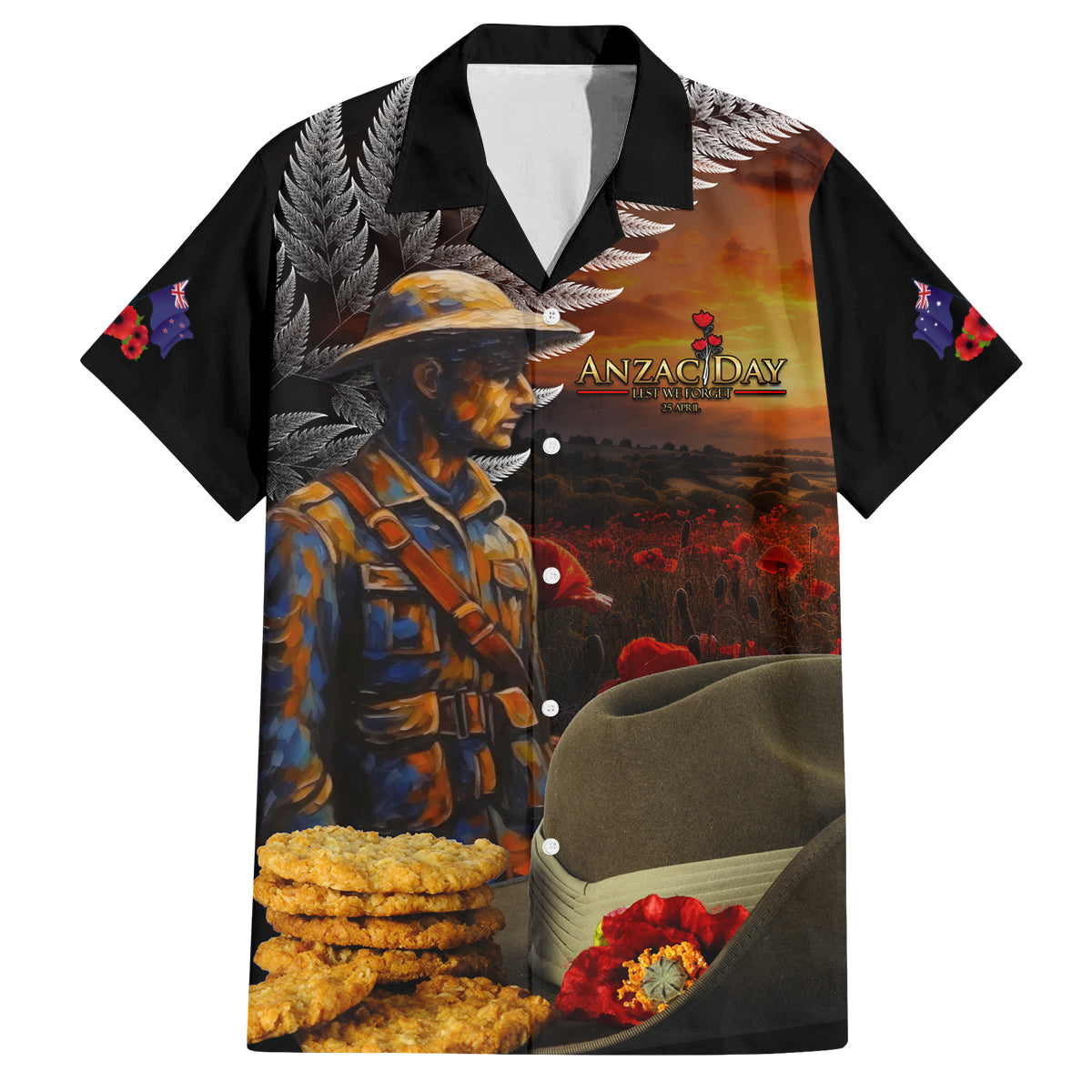 Slouch Hat and Biscuits ANZAC Family Matching Off Shoulder Long Sleeve Dress and Hawaiian Shirt with Soldier Silver Fern LT03 Dad's Shirt - Short Sleeve Black - Polynesian Pride