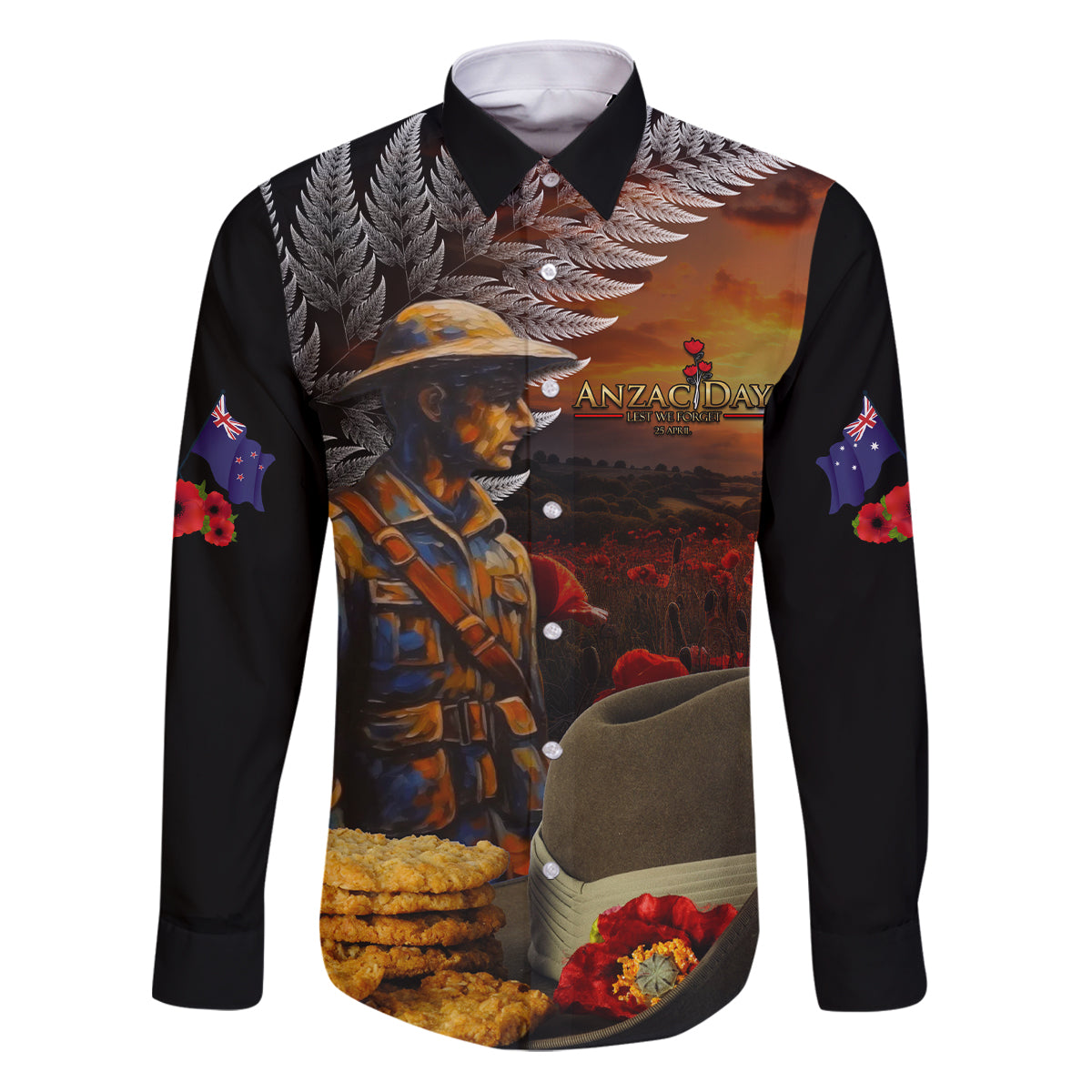 Slouch Hat and Biscuits ANZAC Family Matching Puletasi and Hawaiian Shirt with Soldier Silver Fern LT03 Dad's Shirt - Long Sleeve Black - Polynesian Pride