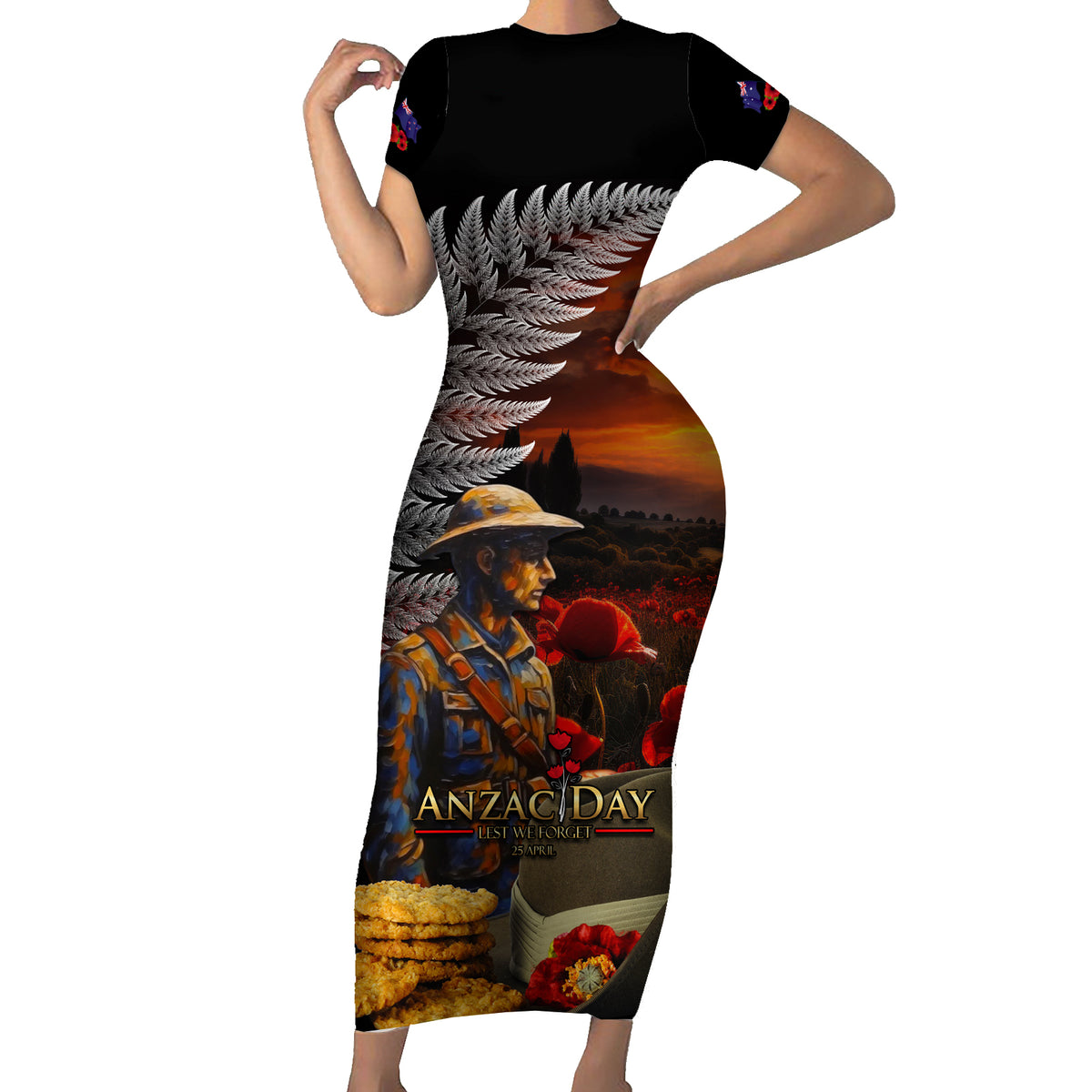 Slouch Hat and Biscuits ANZAC Family Matching Short Sleeve Bodycon Dress and Hawaiian Shirt with Soldier Silver Fern LT03 Mom's Dress Black - Polynesian Pride
