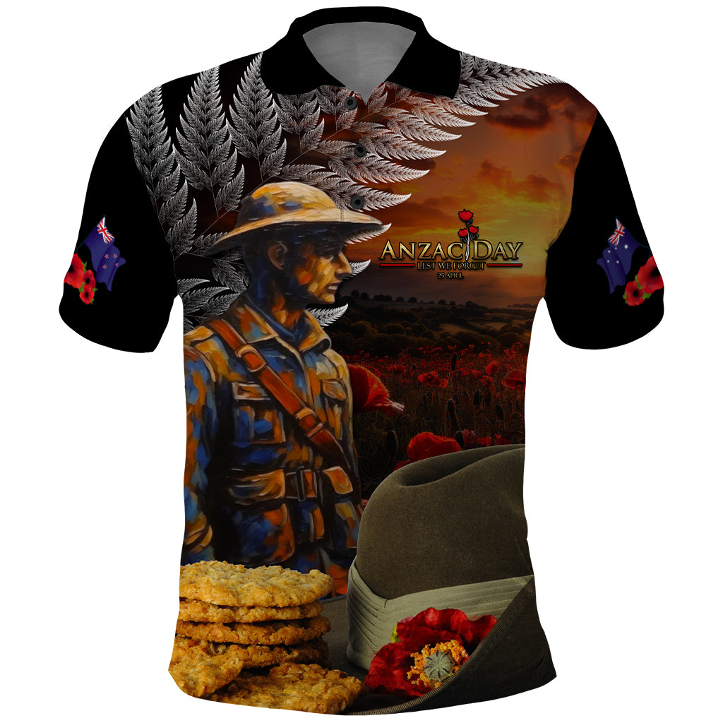 Slouch Hat and Biscuits ANZAC Polo Shirt with Soldier Silver Fern LT03 Black - Polynesian Pride