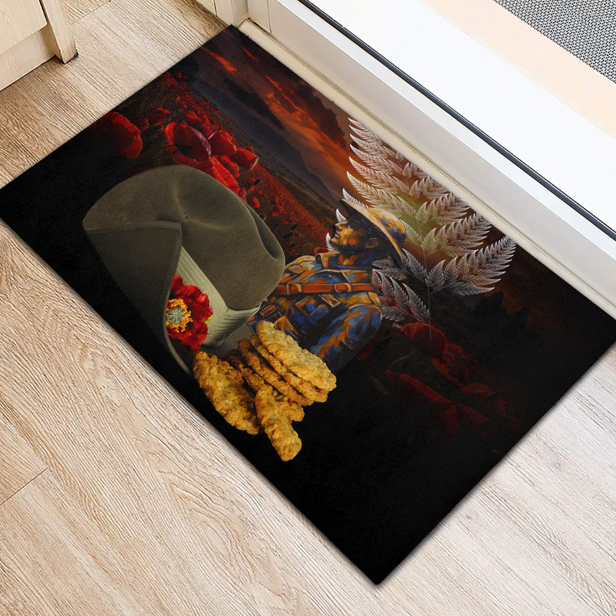Slouch Hat and Biscuits ANZAC Rubber Doormat with Soldier Silver Fern LT03 - Polynesian Pride
